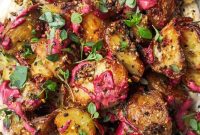 Crispy Dukkah Potatoes with Aioli & Pink Tahini Drizzle