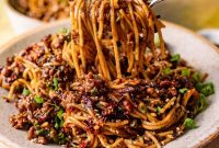 Mongolian Beef Noodles with Ground Beef and Scallions