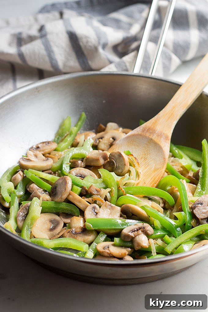 Peppers, onions and mushrooms for Philly cheese steaks
