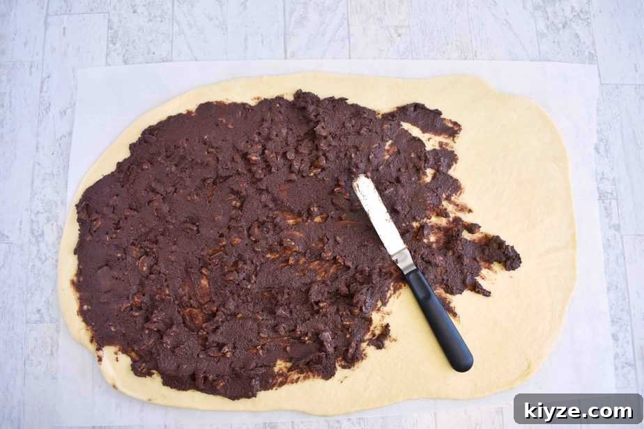 Chocolate Pecan Cinnamon Rolls — Video Recipe Guide 5 chocolate pecan filling spread over dough