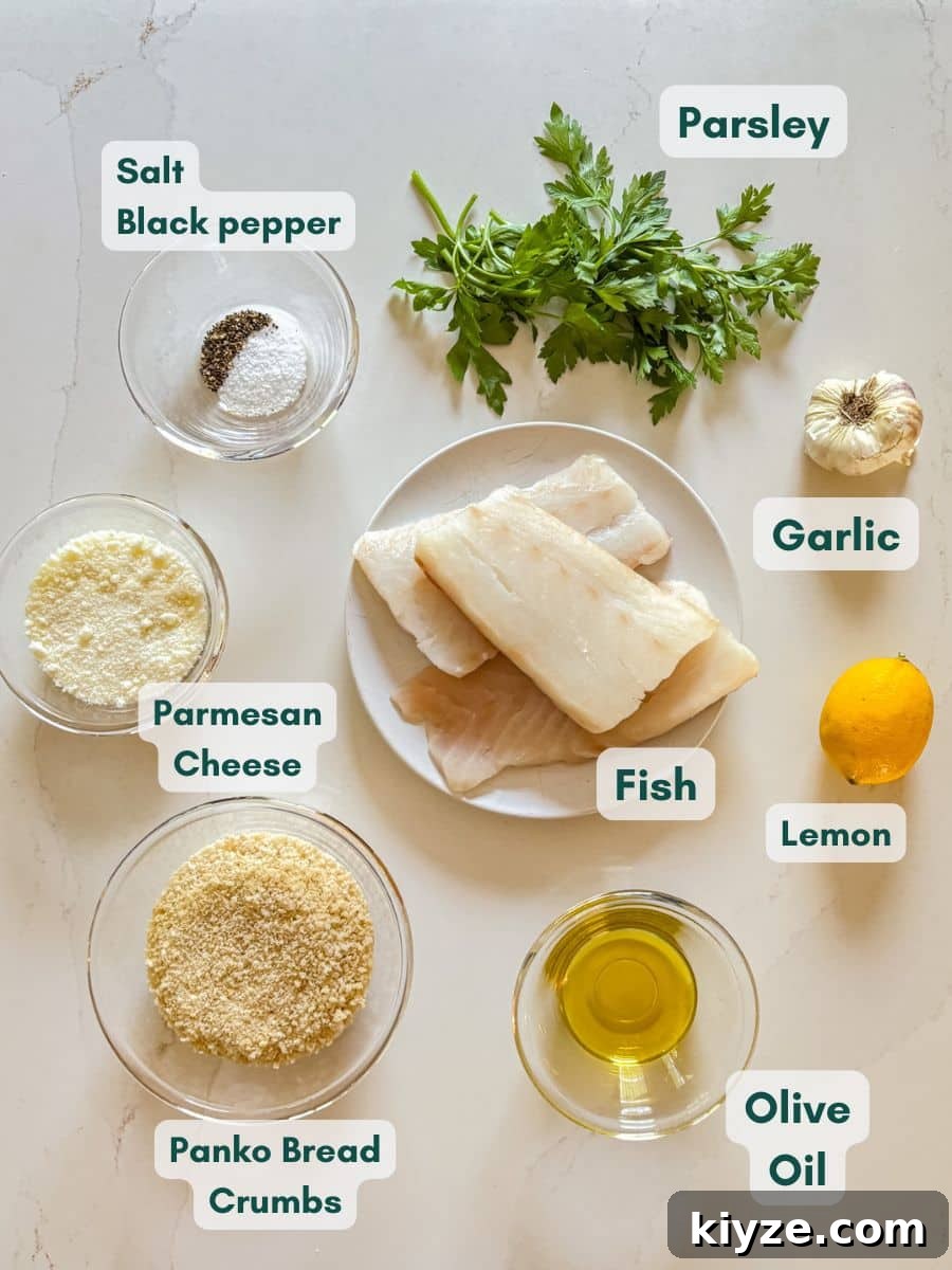 Crispy Parmesan-Crusted Fish Fillets Recipe 4 An overhead image of labeled recipe ingredients.