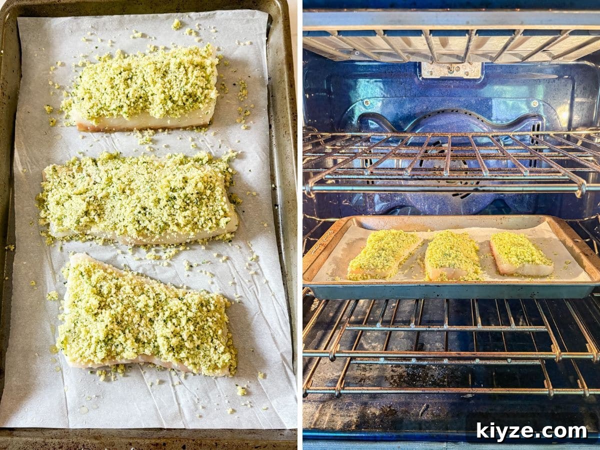 Crispy Parmesan-Crusted Fish Fillets Recipe 7 Fish with the crust topping on in and then the pan in the oven.