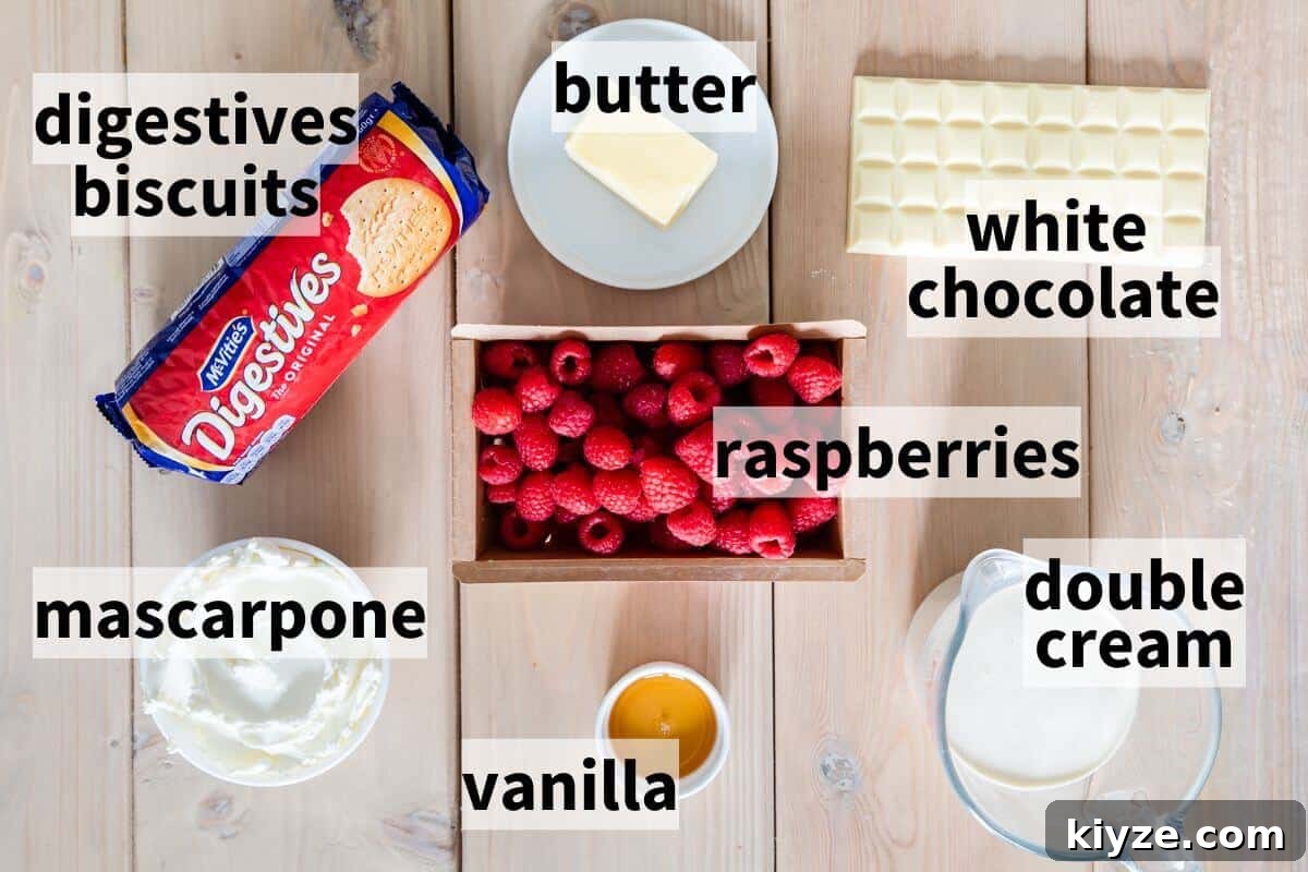 No-Bake Raspberry and White Chocolate Cheesecake Recipe 3 ingredients needed to make no bake raspberry and white chocolate cheesecake with text overlay.
