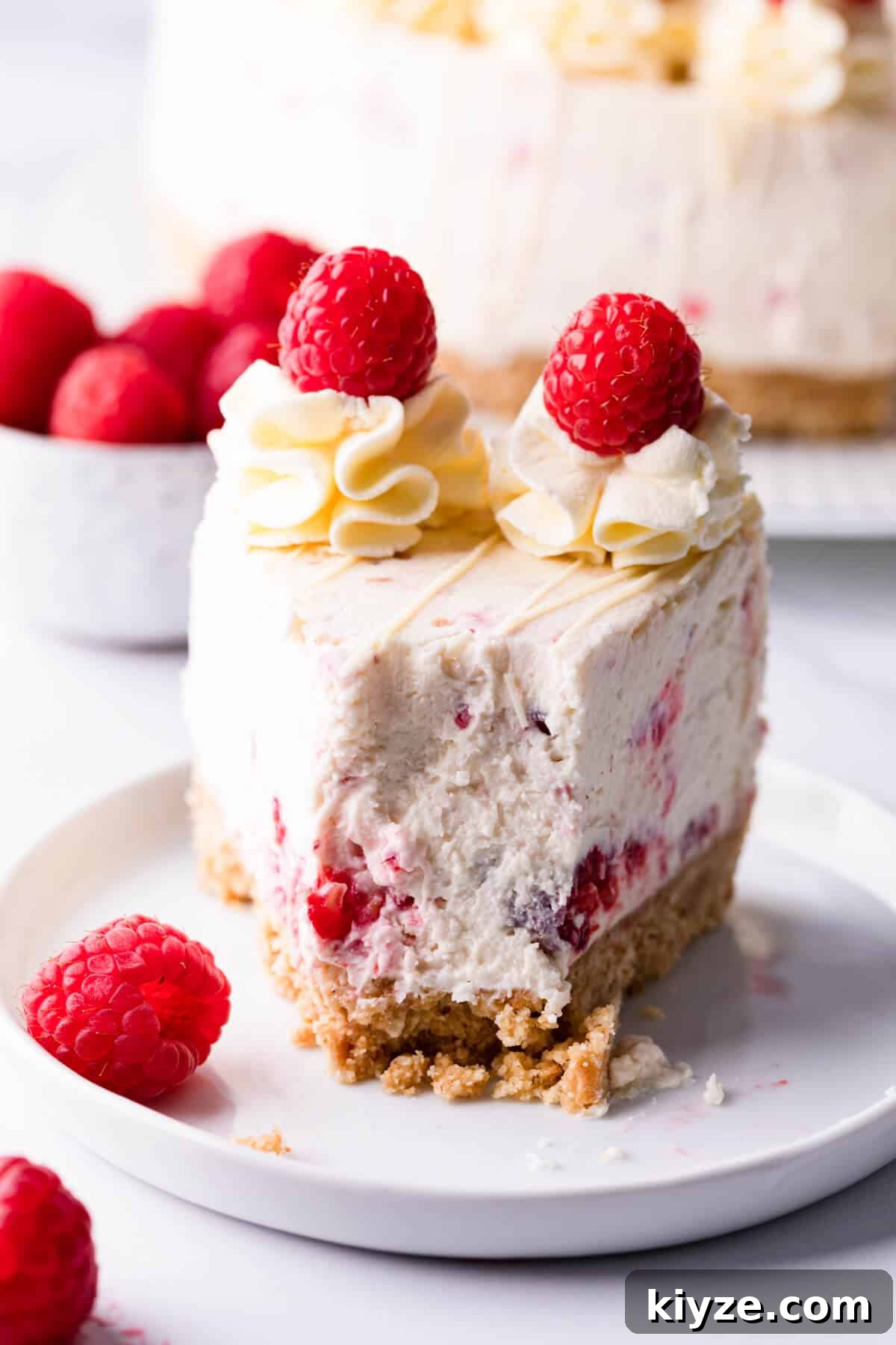 No-Bake Raspberry and White Chocolate Cheesecake Recipe 10 Slice of raspberry cheesecake on a small plate with bite missing.