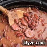 Close up of a slow cooker cajun red beans and rice recipe.