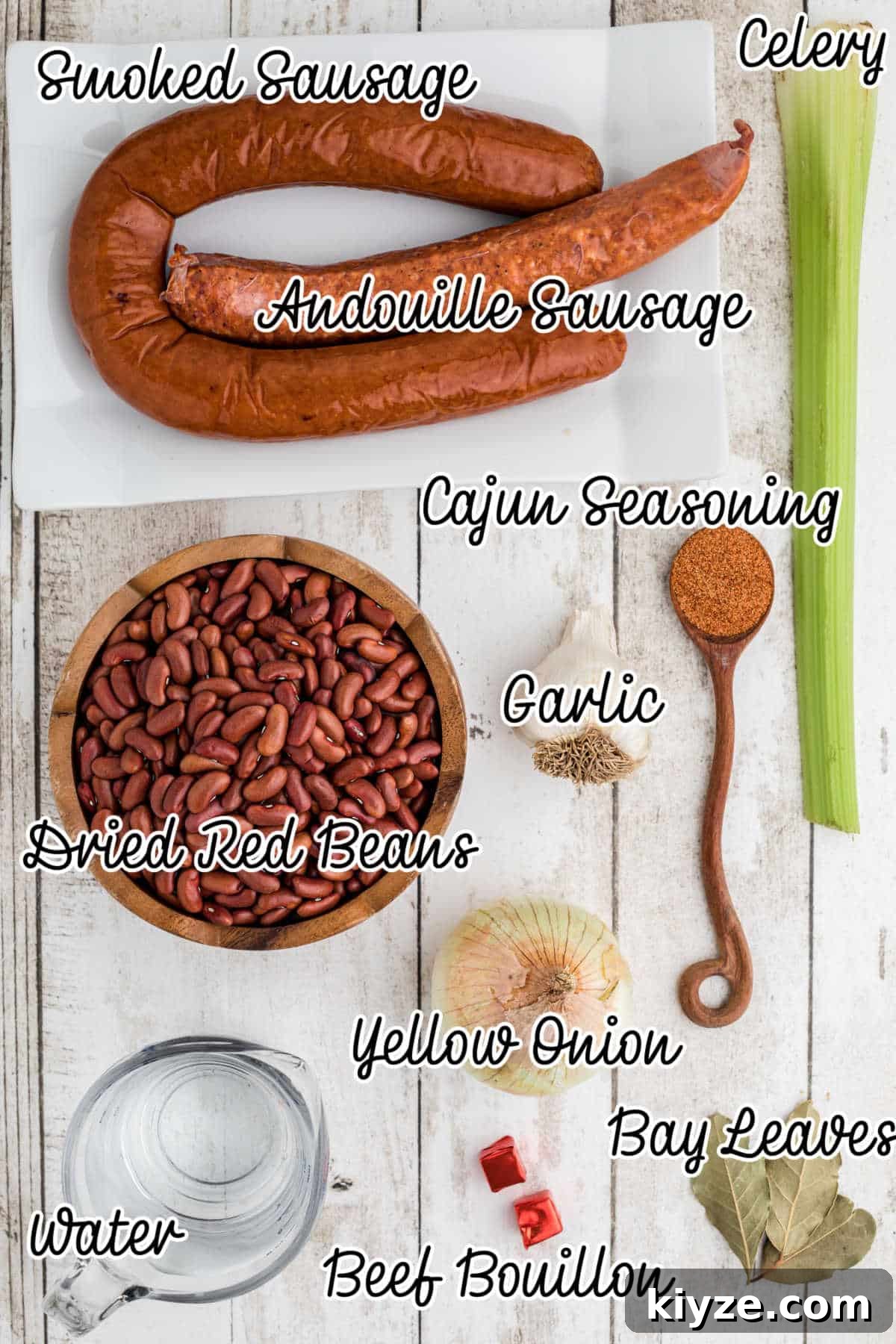 Overhead shot of ingredients needed to make a slow cooker Cajun red beans and rice recipe.