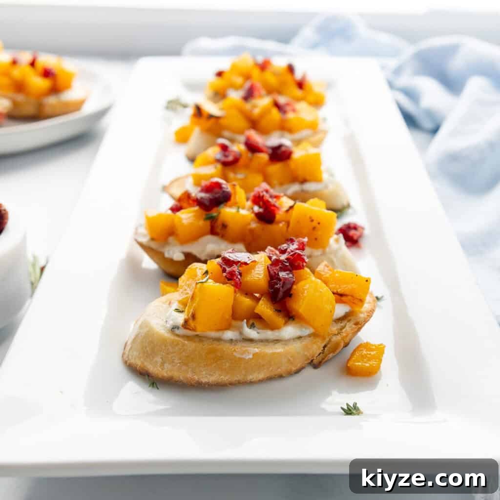 Crispy Garlic Crostini with Olive Oil and Herbs 12 Butternut squash bruschetta on toasted bread.