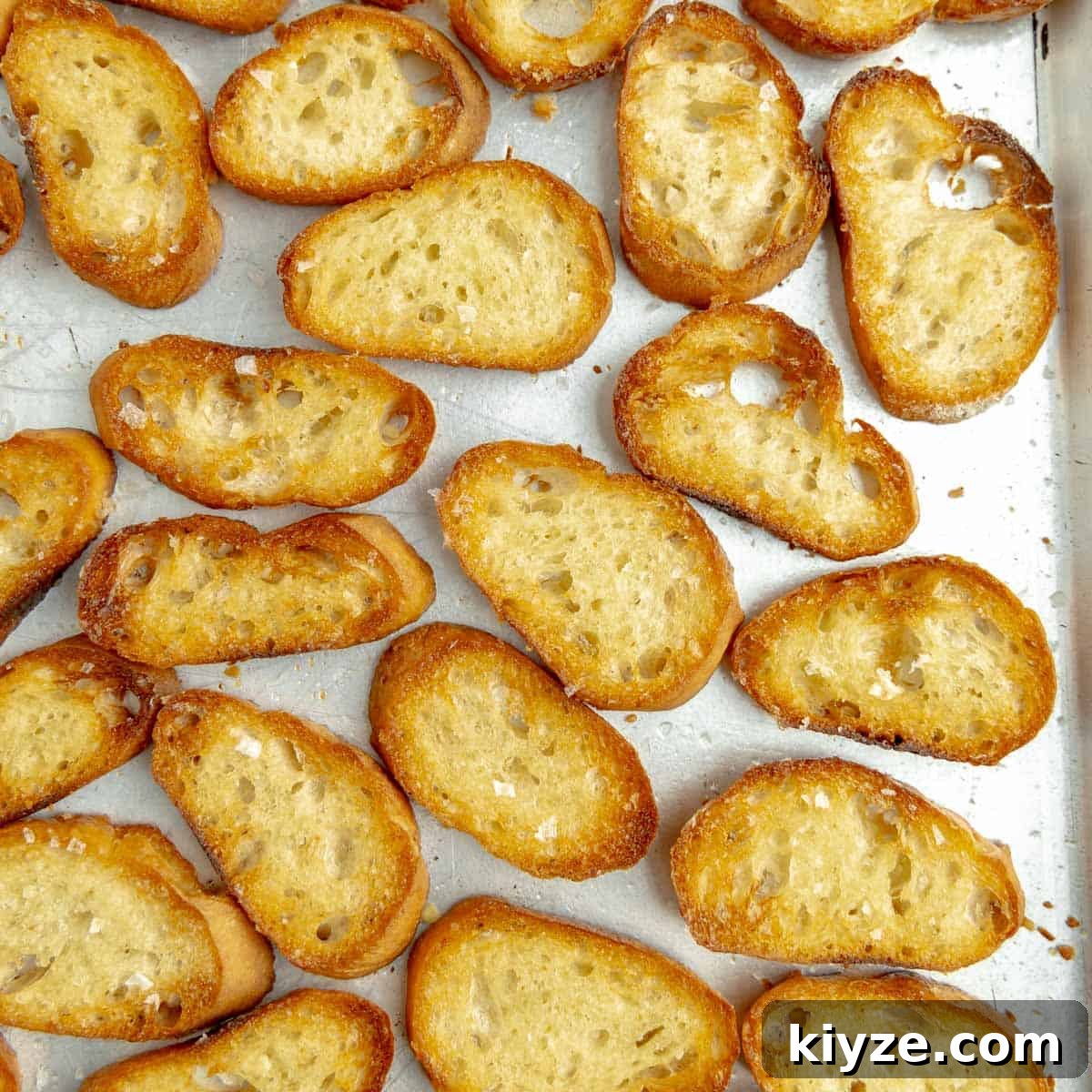 Crispy Garlic Crostini with Olive Oil and Herbs 7 Toasted baguette slices on a sheet pan.