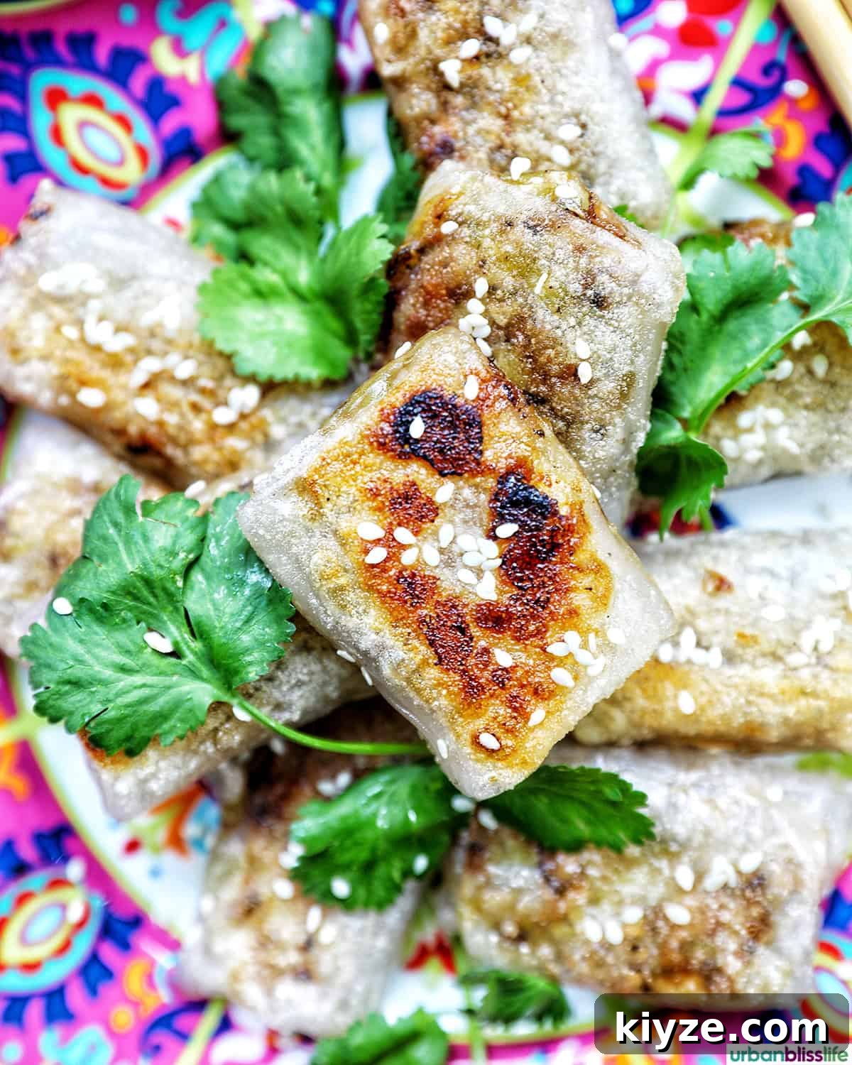 Crispy Rice Paper Dumplings with Savory Filling and Dipping Sauce 2 crispy rice paper dumplings on a plate with herbs.