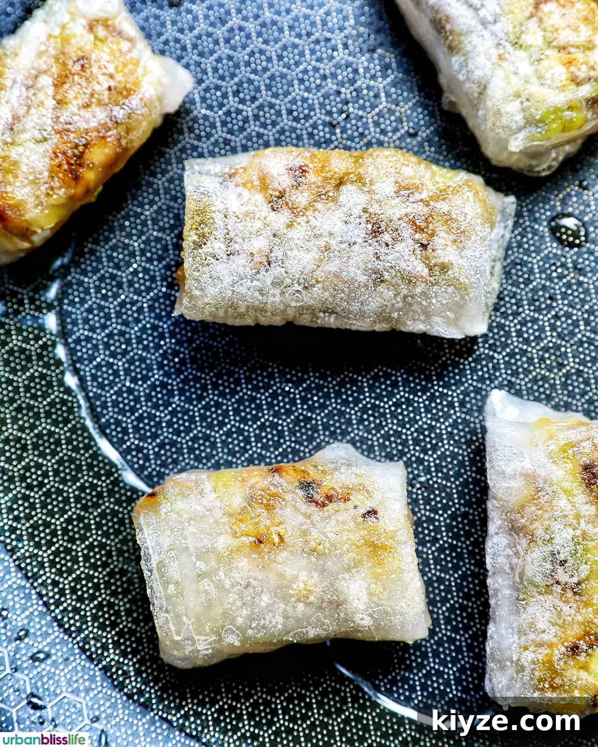 Crispy Rice Paper Dumplings with Savory Filling and Dipping Sauce 16 Filled and folded rice paper dumplings in a pan.