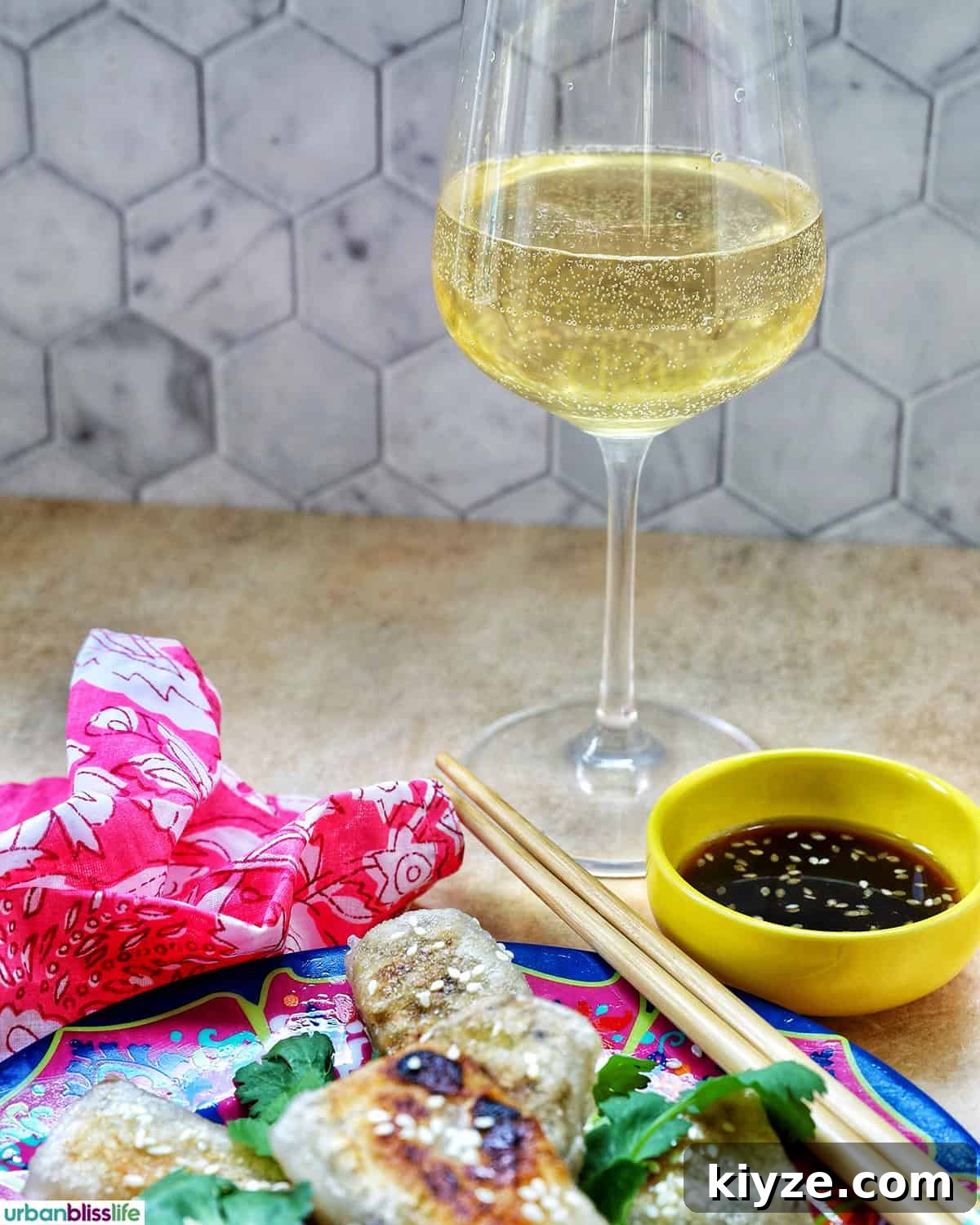 Crispy Rice Paper Dumplings with Savory Filling and Dipping Sauce 19 glass of white wine with plate of rice paper dumplings and dipping sauce.