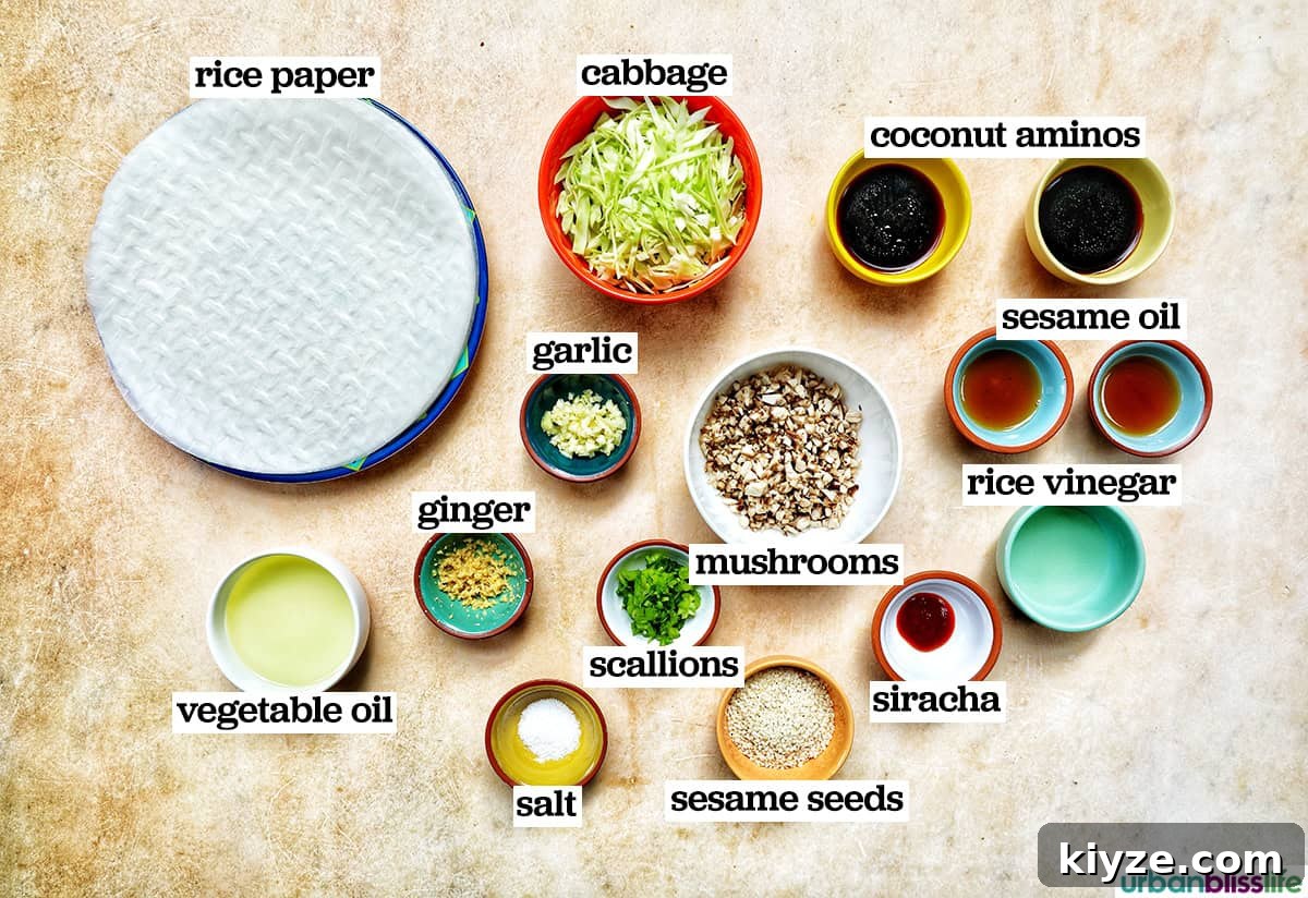 Crispy Rice Paper Dumplings with Savory Filling and Dipping Sauce 5 bowls of ingredients to make crispy rice paper dumplings.