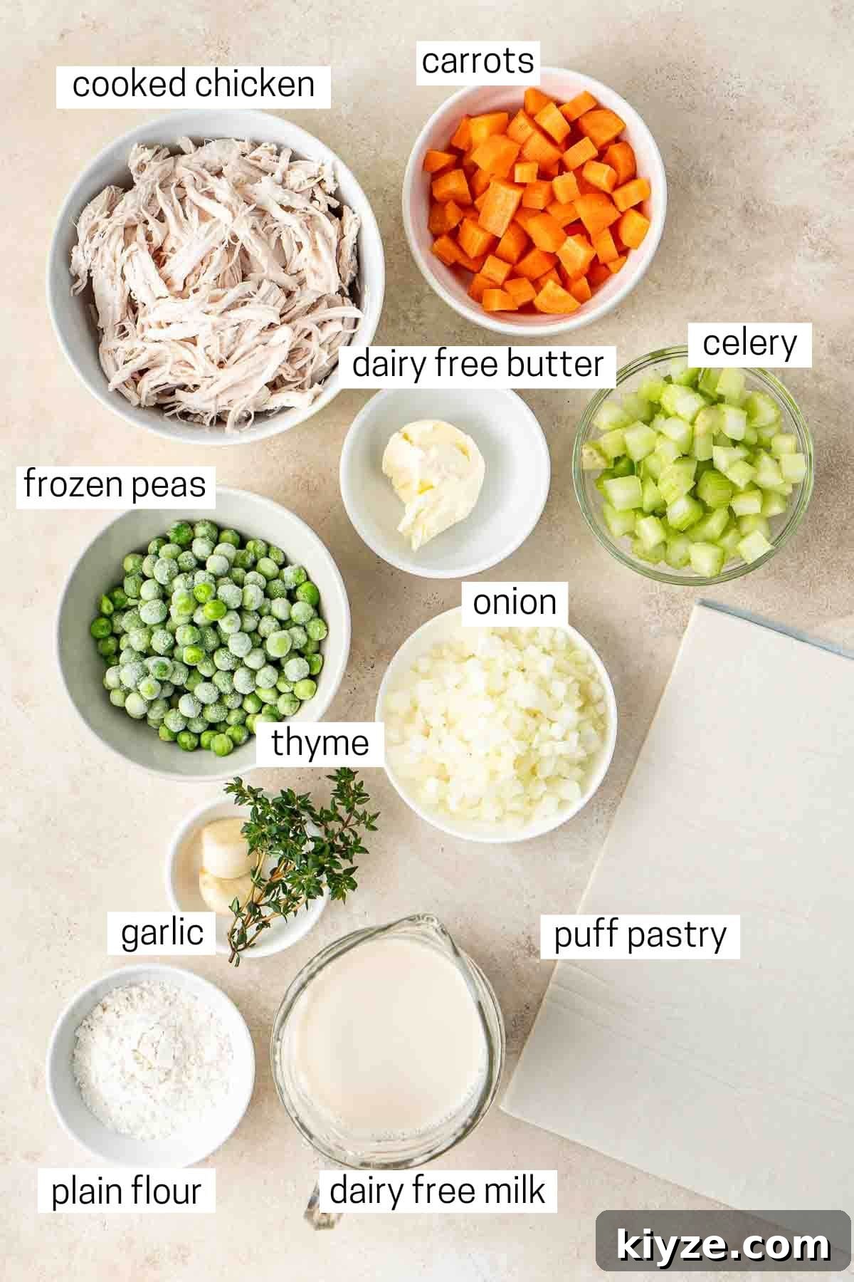 Dairy-Free Chicken Pot Pie Recipe: Creamy, Comforting Pie 3 All ingredients needed for chicken pot pie laid out in small bowls.