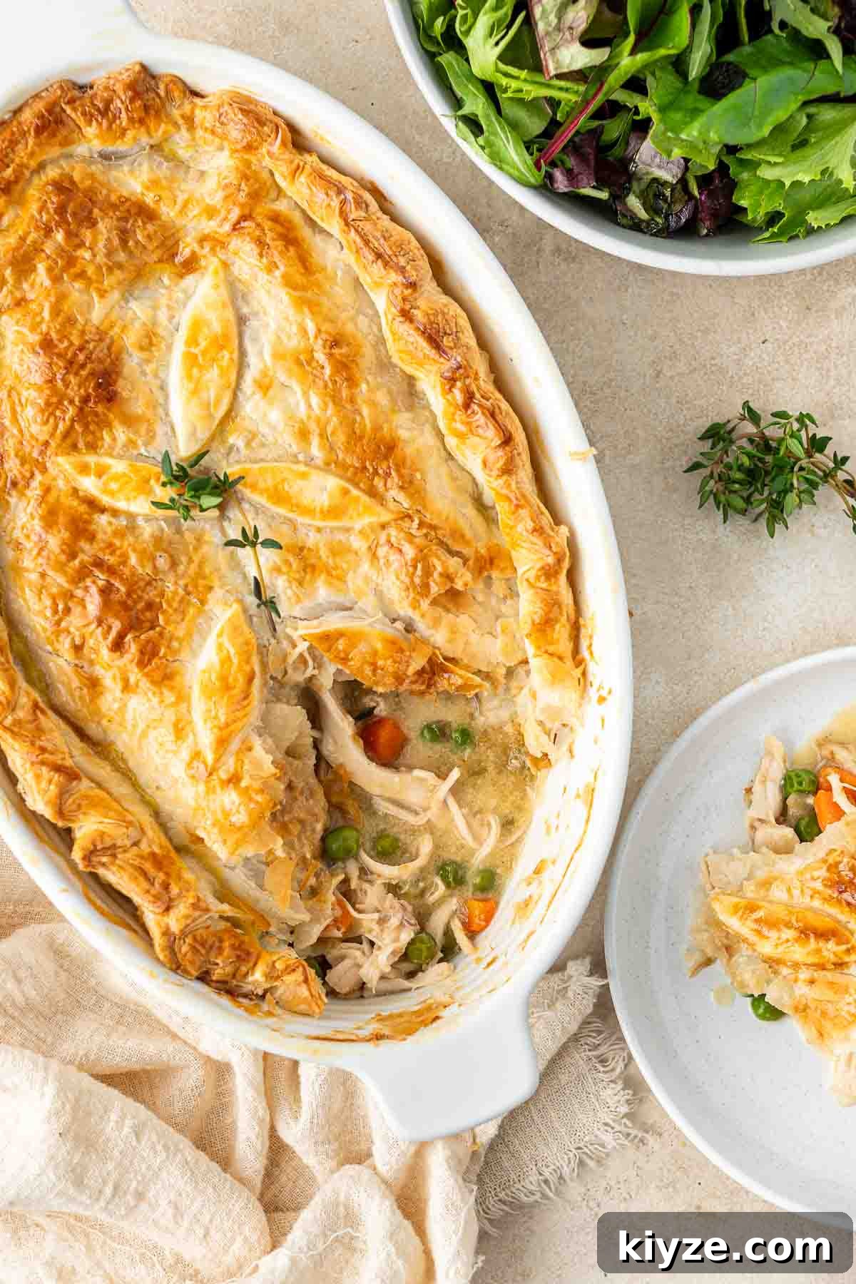 Dairy-Free Chicken Pot Pie Recipe: Creamy, Comforting Pie 10 Dairy free chicken pot pie with a serve taken and placed on a plate.
