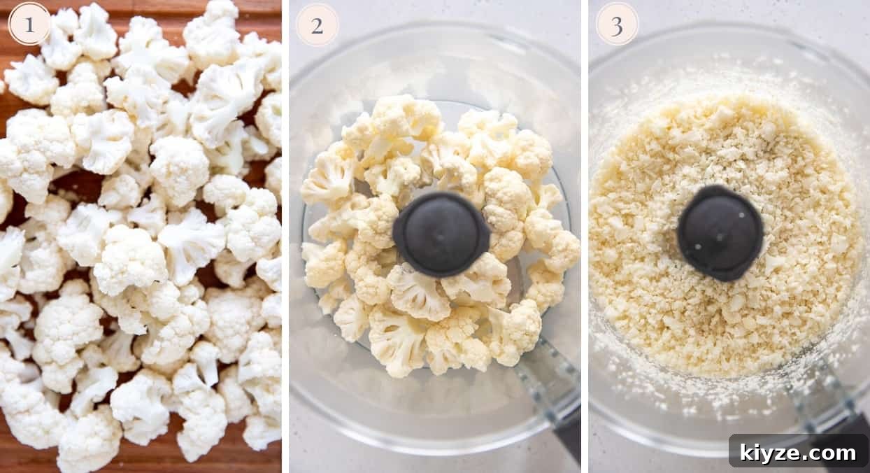 cauliflower rice stir fry picture collage demonstrating how to make rice from cauliflower in a food processor