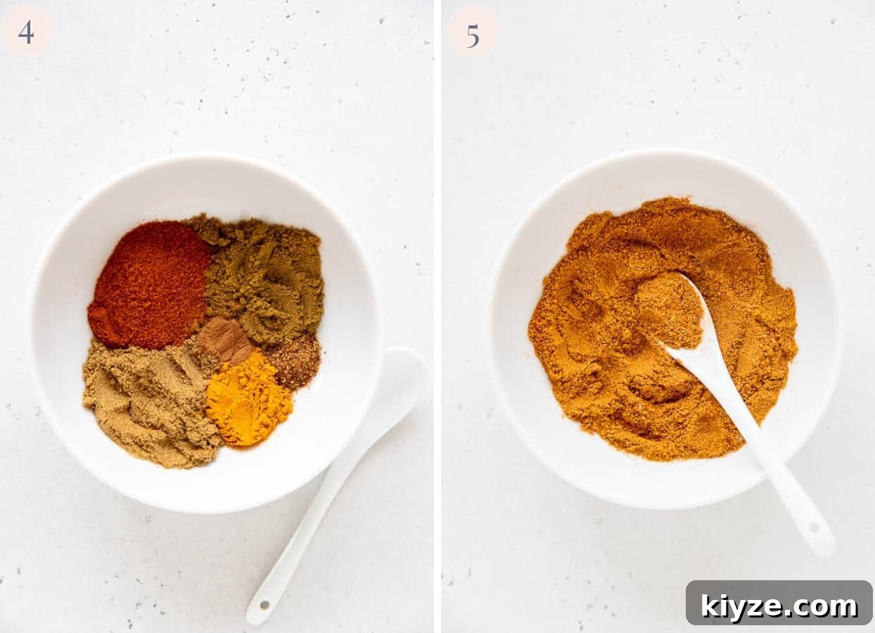cauliflower rice stir fry picture collage demonstrating how to mix ground spices to make biryani spice blend at home