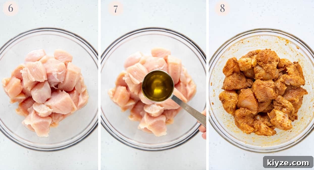 cauliflower rice stir fry picture collage demonstrating how to marinate chicken breast with biryani spices to make healthy chicken biryani recipe