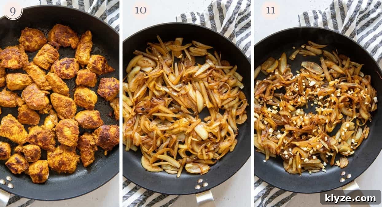 Cauliflower Rice Chicken Biryani Stir-Fry Recipe 2 picture collage demonstrating how to fry chicken, onion and garlic in a skillet for making paleo chicken biryani recipe