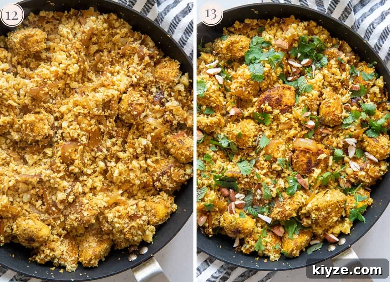 cauliflower rice stir-fry picture collage demonstrating how to make cauliflower rice chicken biryani in a skillet