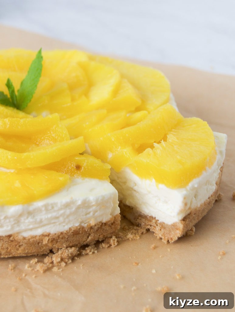 No-Bake Pineapple Cheesecake Recipe with Creamy Tropical Filling 2 A gorgeous slice of no bake pineapple cheesecake with mint.
