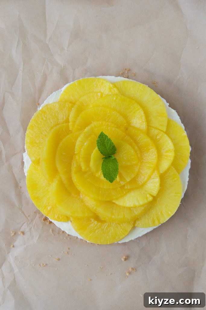 No-Bake Pineapple Cheesecake Recipe with Creamy Tropical Filling 11 A no bake pineapple cheesecake with mint leaves.
