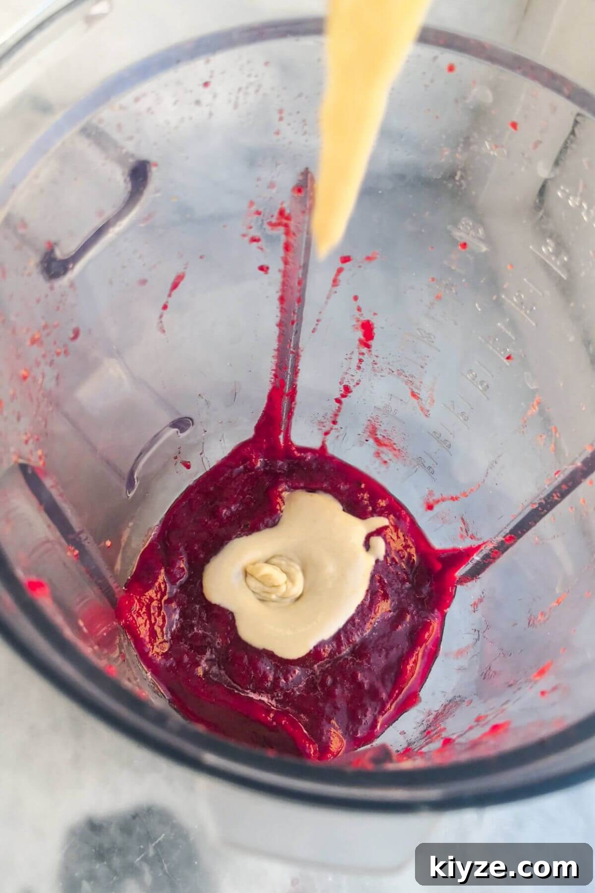 Crispy Dukkah Potatoes with Aioli & Pink Tahini Drizzle 9 Tahini being added to a blender with beetroot puree.