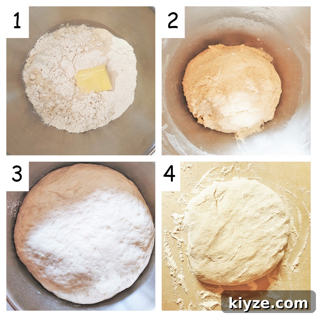 A collage of 4 images showing steps for mixing the Portuguese rolls. A collage of 4 images showing steps for mixing the Portuguese rolls.