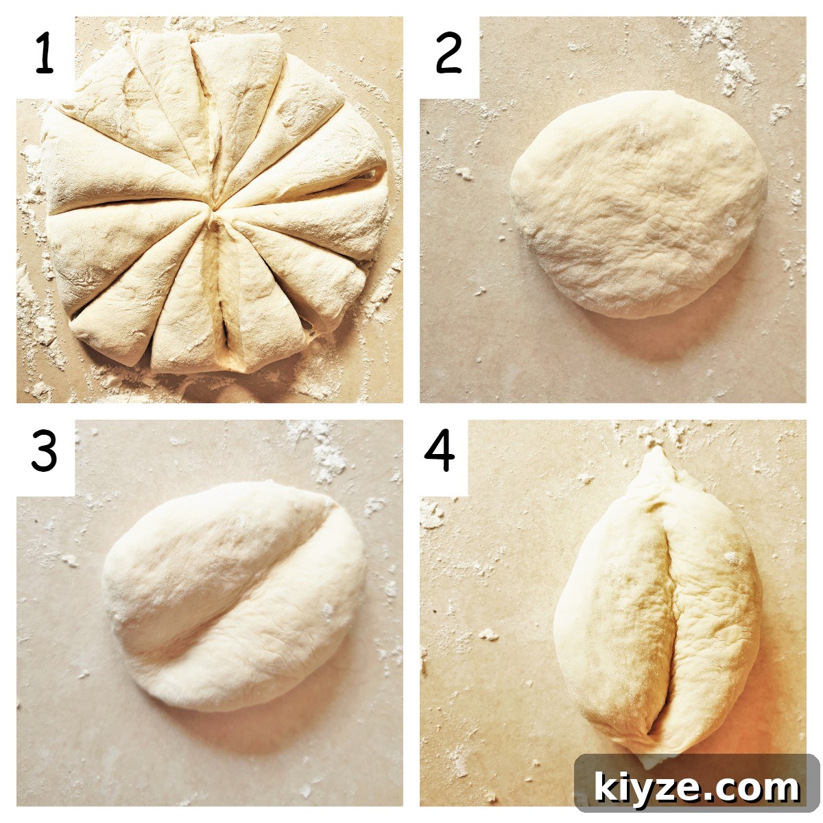 Collage of 4 images showing steps for forming the portuguese rolls. Collage of 4 images showing steps for forming the portuguese rolls.