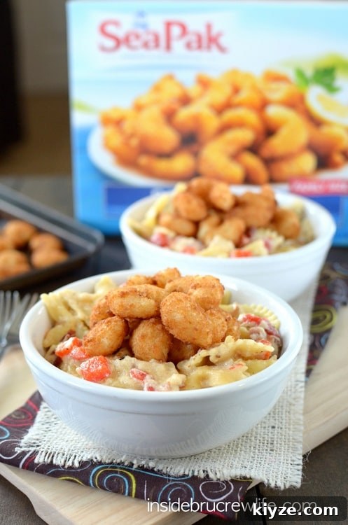 Bacon Shrimp Alfredo Pasta image Easy homemade Alfredo sauce that can be made in minutes. Bacon, red peppers, and popcorn shrimp make this pasta taste amazing!