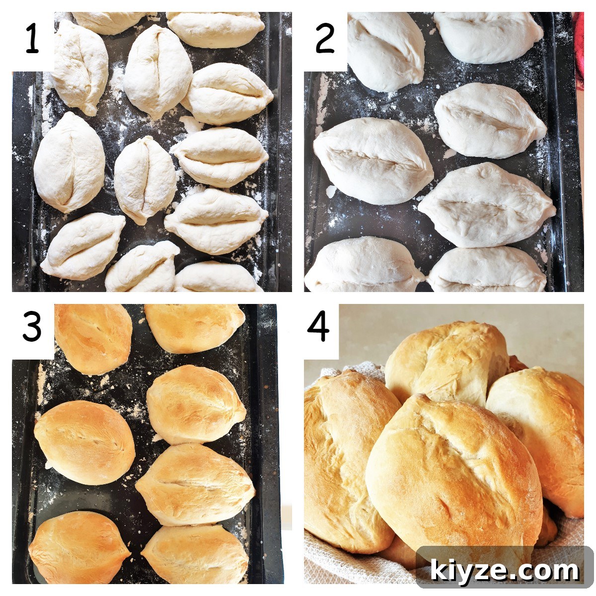 Collage of 4 images showing how to proof and bake the Portuguese rolls. Collage of 4 images showing how to proof and bake the Portuguese rolls.