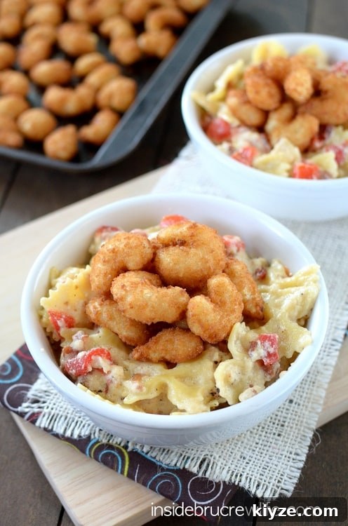 Bacon Shrimp Alfredo Pasta pic Easy homemade Alfredo sauce that can be made in minutes. Bacon, red peppers, and popcorn shrimp make this pasta taste amazing!
