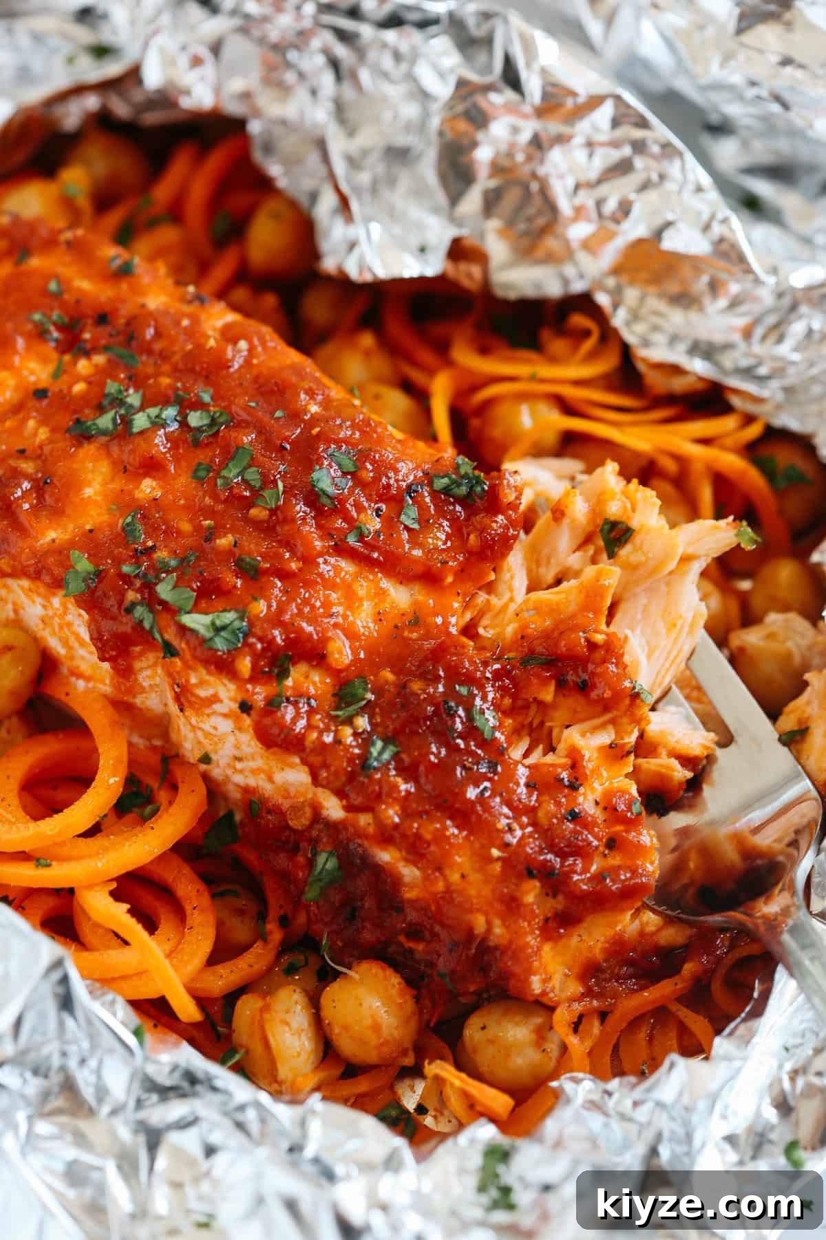 Moroccan Salmon Foil Packets with Carrot Noodles & Chickpeas 5 These Moroccan Salmon Foil Packets with Carrot Noodles & Chickpeas are sweet and spicy with tons of flavor and are easily made in just 20 minutes with little to no clean-up!
