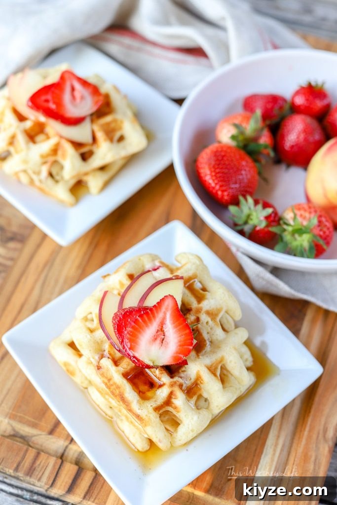 Strawberry and White Peach Waffles Recipe — Fluffy Summer Waffles 2 Use our breakfast hack on making "homemade" waffles with pancake mix. With fresh fruit such as strawberries and white peaches, this easy waffle recipe can be made in just a few minutes, which is perfect for those busy school mornings. Easy Waffle Recipe | Strawberry + White Peach Waffles
