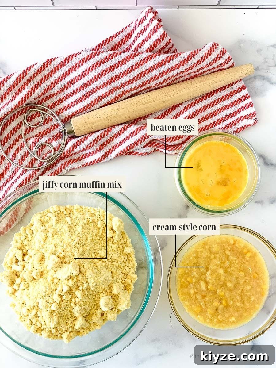 Jiffy Cornbread with Creamed Corn Casserole Recipe 4 Labeled ingredient image for jiffy cornbread recipe.