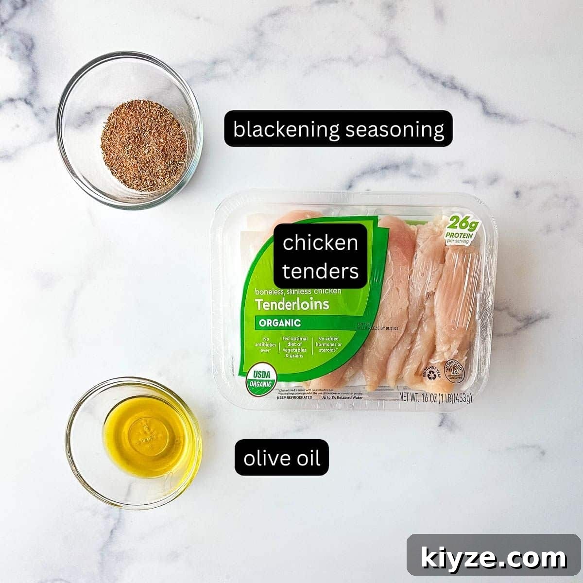 Cajun Blackened Chicken Tenders with Zesty Dipping Sauce 3 Labeled Blackened Chicken tenders ingredients on a marble countertop.