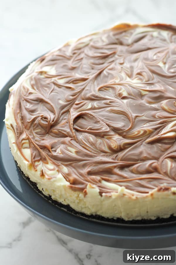 No-Bake Marble Cheesecake Recipe: Creamy Swirl No-Bake Cake 3 cheesecake on top of a cake stand.