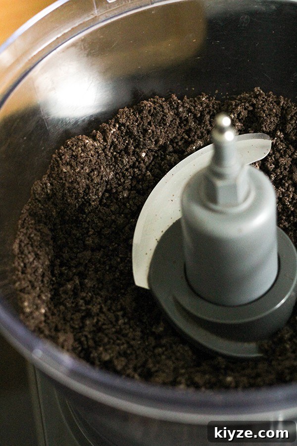 No-Bake Marble Cheesecake Recipe: Creamy Swirl No-Bake Cake 5 oreo crumbs in a food processor.