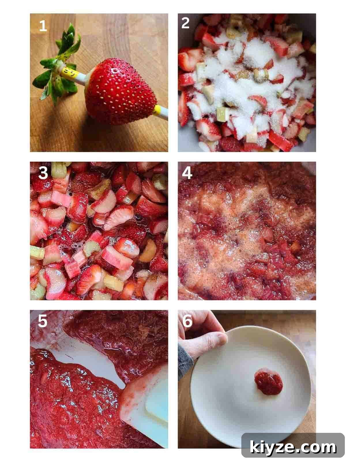 Small-Batch Strawberry Rhubarb Jam Recipe for Preserving Summer Flavor 4 A collage of six images showing how to cook fruit jam in a pot.
