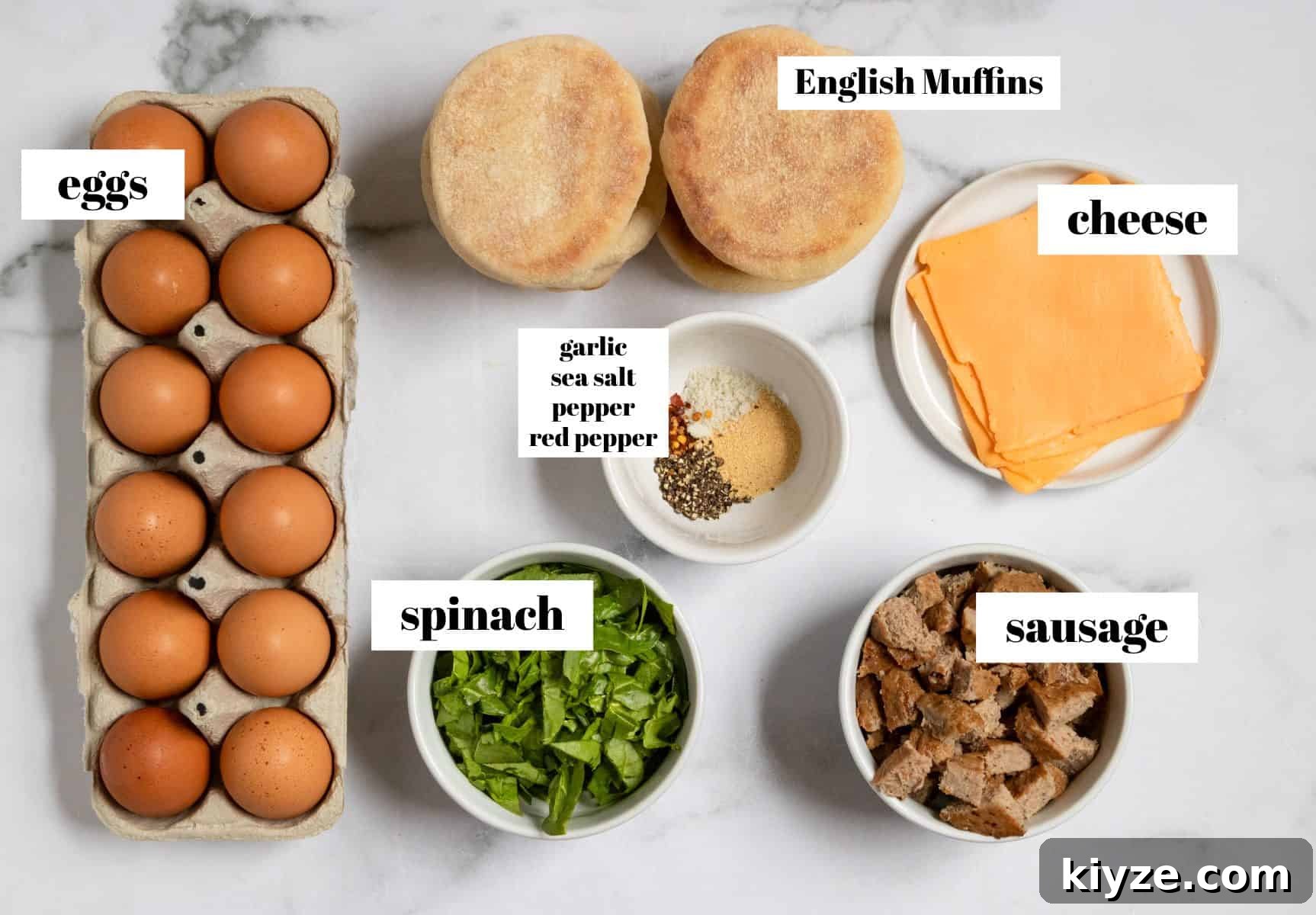 Freezer-Friendly Sausage McMuffin with Spinach Recipe 3 Ingredients for recipe on counter.
