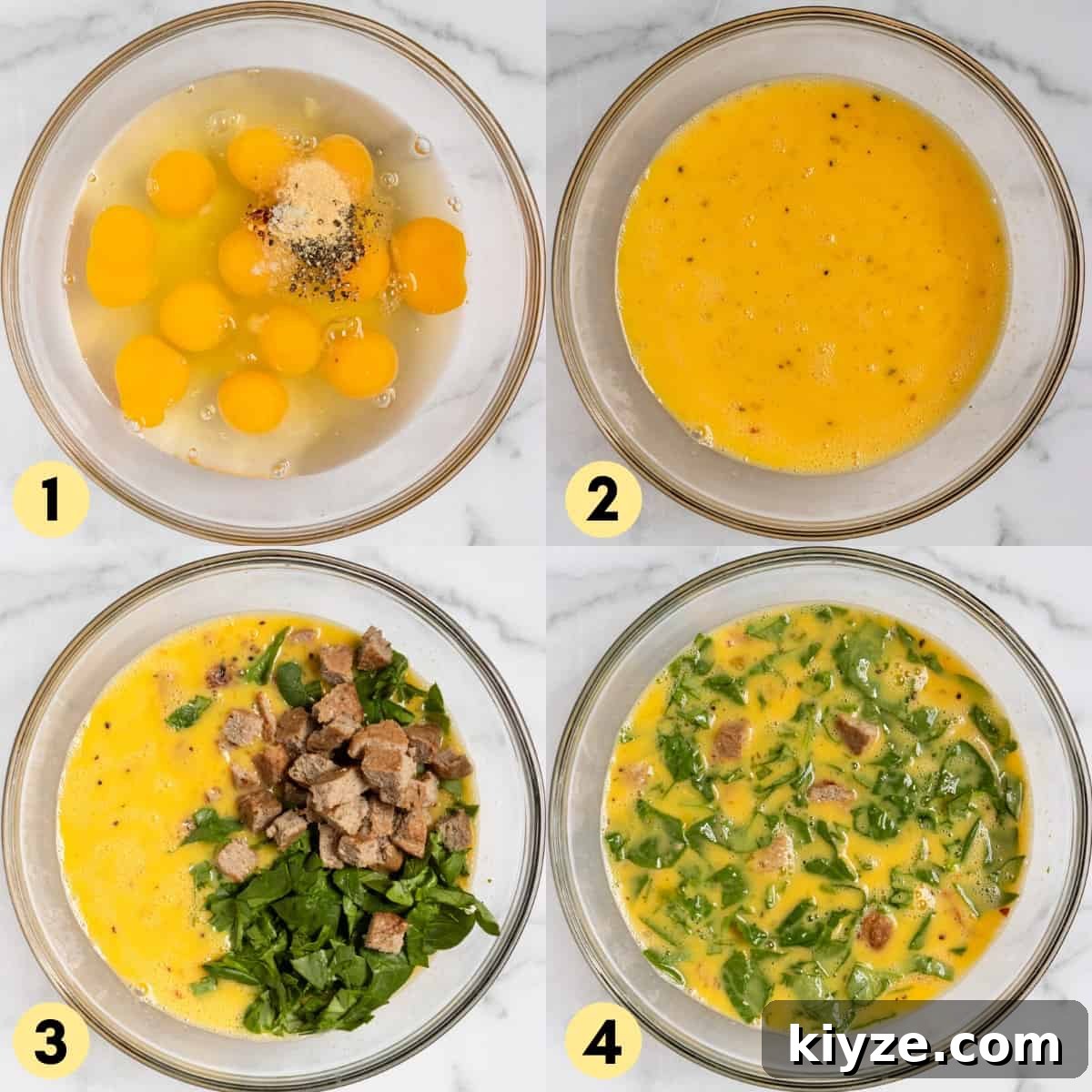Freezer-Friendly Sausage McMuffin with Spinach Recipe 4 egg mixture in bowl with sausage and spinach.