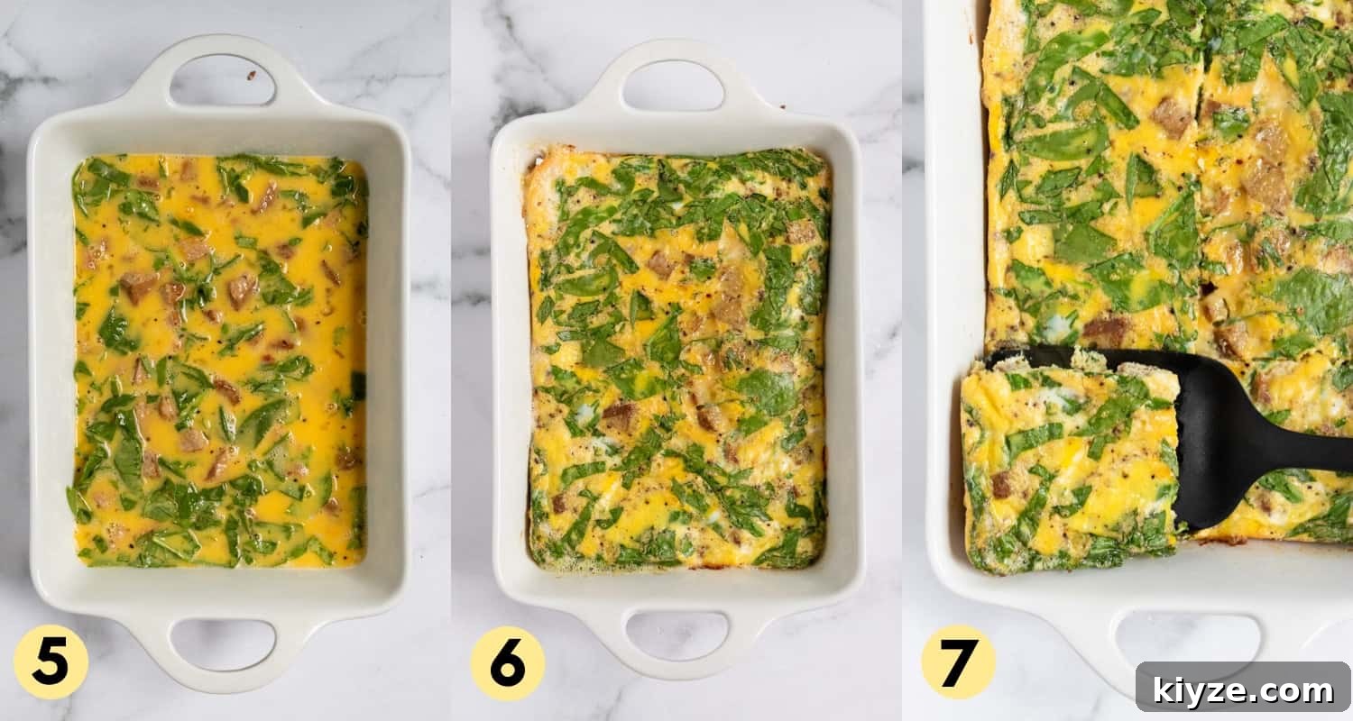 Freezer-Friendly Sausage McMuffin with Spinach Recipe 5 Egg mixture in pan before baking and after baking.