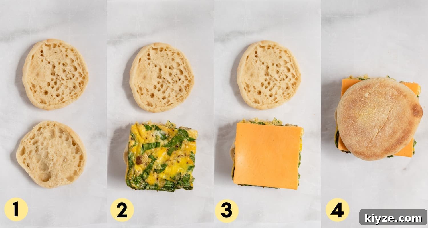 Freezer-Friendly Sausage McMuffin with Spinach Recipe 6 steps to assemble sausage breakfast sandwiches.