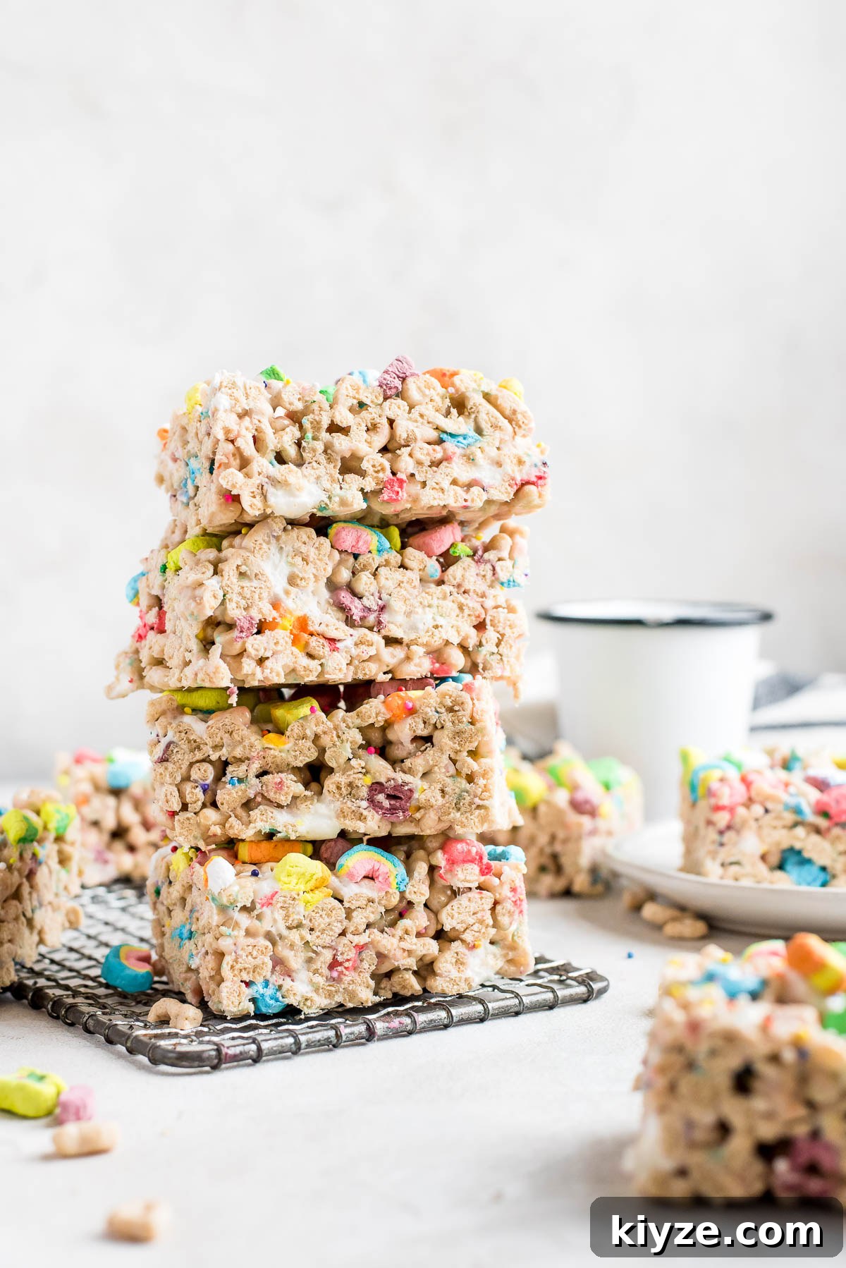 Lucky Charms Treats Recipe: Crispy Marshmallow Snack Bars 8 stacked lucky charms bars on wire rack