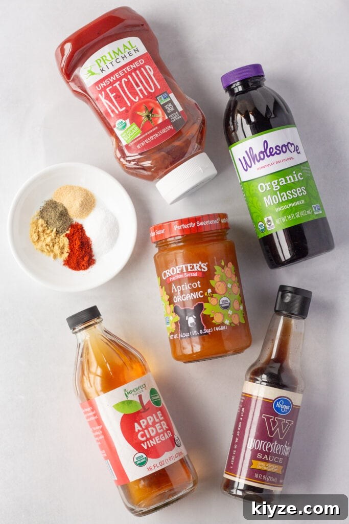 20-Minute Apricot Barbecue Sauce with Sweet and Tangy Flavor 3 Top down shots of ingredients for apricot bbq sauce on a gray background, including apricot jam, molasses, vinegar, ketchup, and spices.