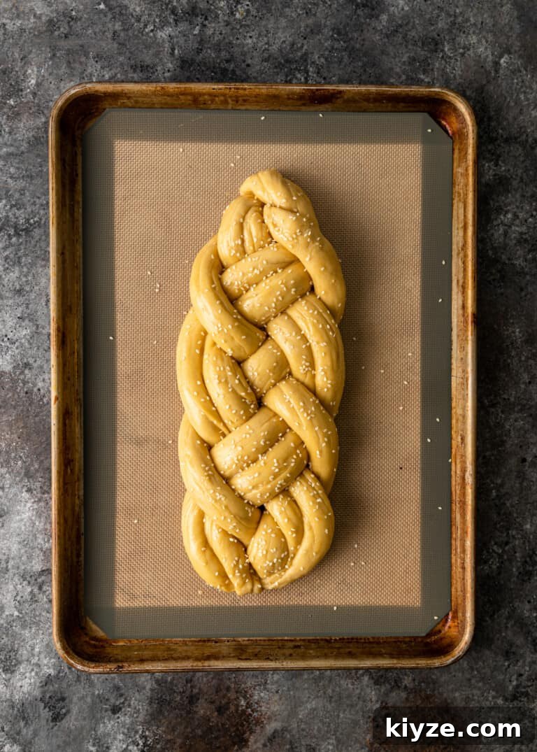 Classic Fluffy Challah Recipe for Braiding and Baking 11 braided, egg washed, sesame seeds