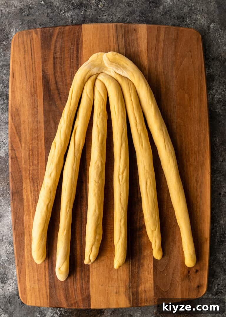 Classic Fluffy Challah Recipe for Braiding and Baking 10 dough rolled into six equal ropes tapered edges in the middle