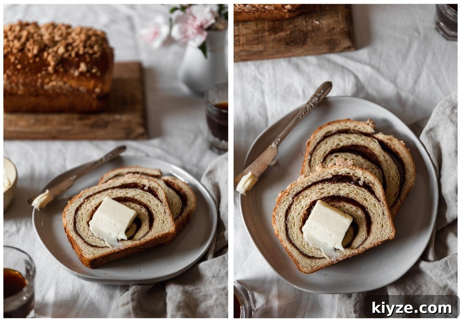 Cinnamon Swirl Bread with Crumbly Streusel Topping 3 Two images; on the left, a side image of a white plate topped with two slices of bread with a loaf in the background, a beige linen, and two cups of coffee on a white linen. On the right, a closeup overhead photo of the same white plate with bread with a butter knife on the side of the plate.