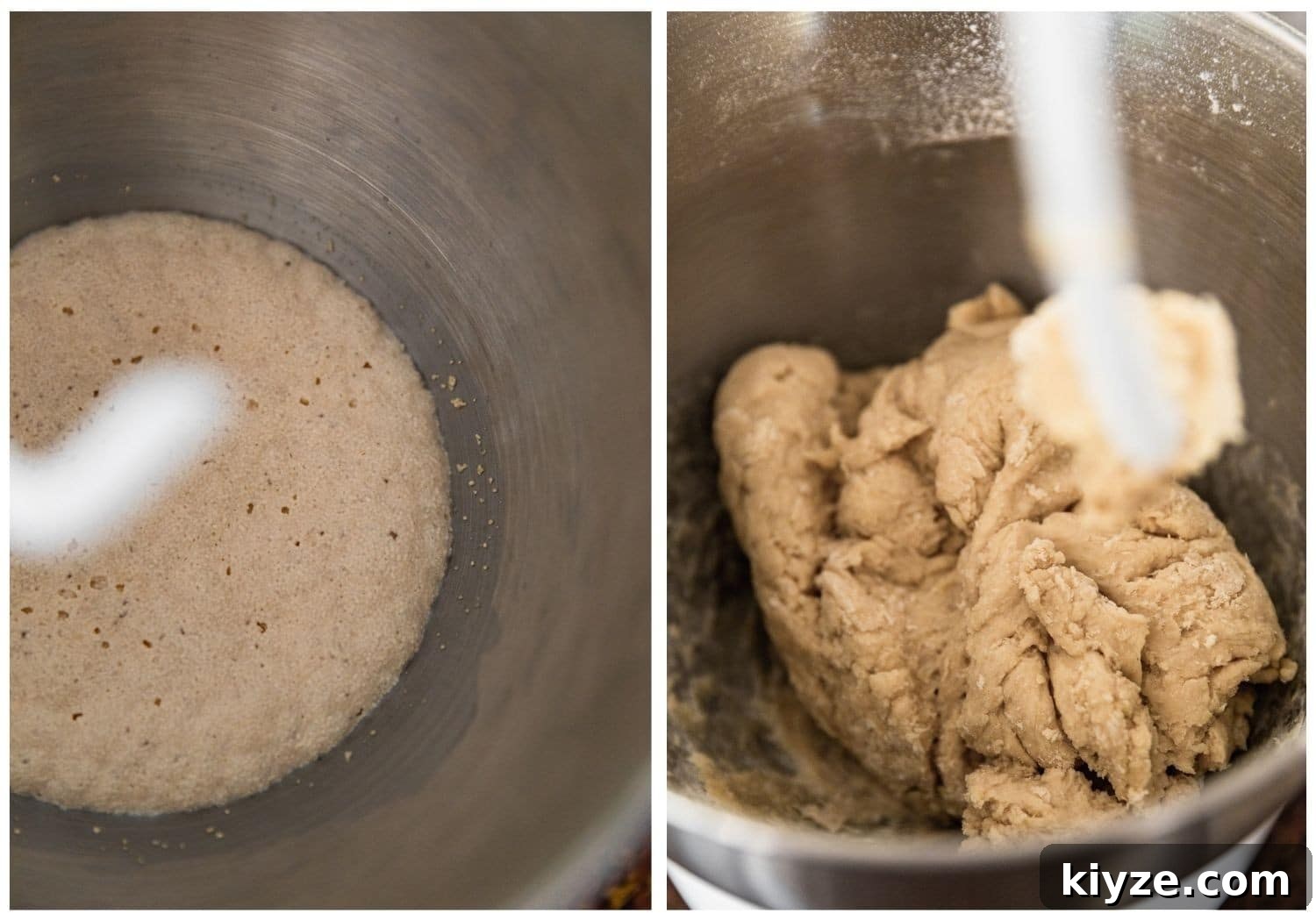 Cinnamon Swirl Bread with Crumbly Streusel Topping 5 Two images; on the left, a closeup of activated yeast in a silver bowl. On the right, a closeup of finished yeast dough in a silver bowl.