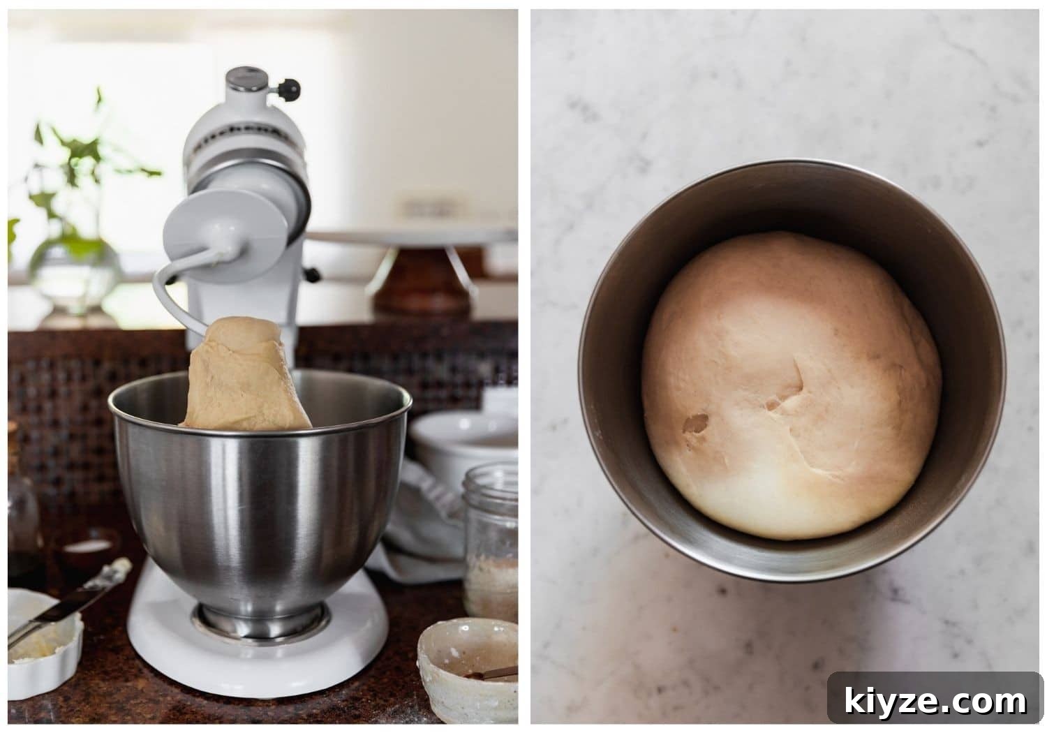 Cinnamon Swirl Bread with Crumbly Streusel Topping 6 Two images; on the left, a white stand mixer on a brown counter with dough hanging off the hook and baking ingredients surrounding the mixer. On the right, an overhead dough of risen dough in a silver bowl on a white marble counter.