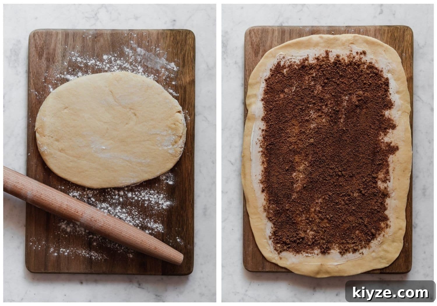 Cinnamon Swirl Bread with Crumbly Streusel Topping 7 Two overhead images; on the left, a wood cutting board topped with a round of dough and a rolling pin. On the right, the dough is rolled out and sprinkled with cinnamon-sugar.